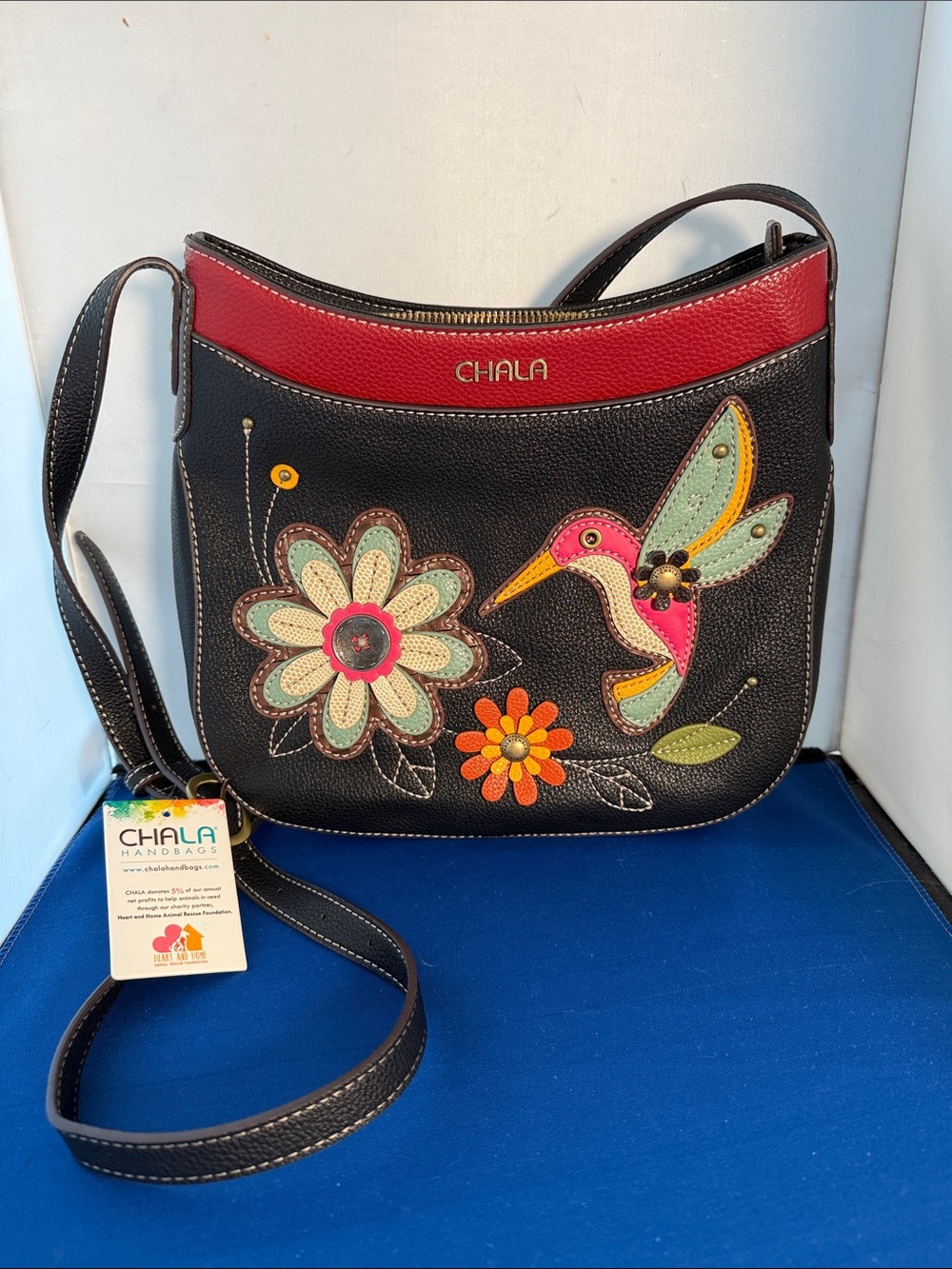 Chala Black Crossbody Bag with Floral and bird Appliqué new with tag